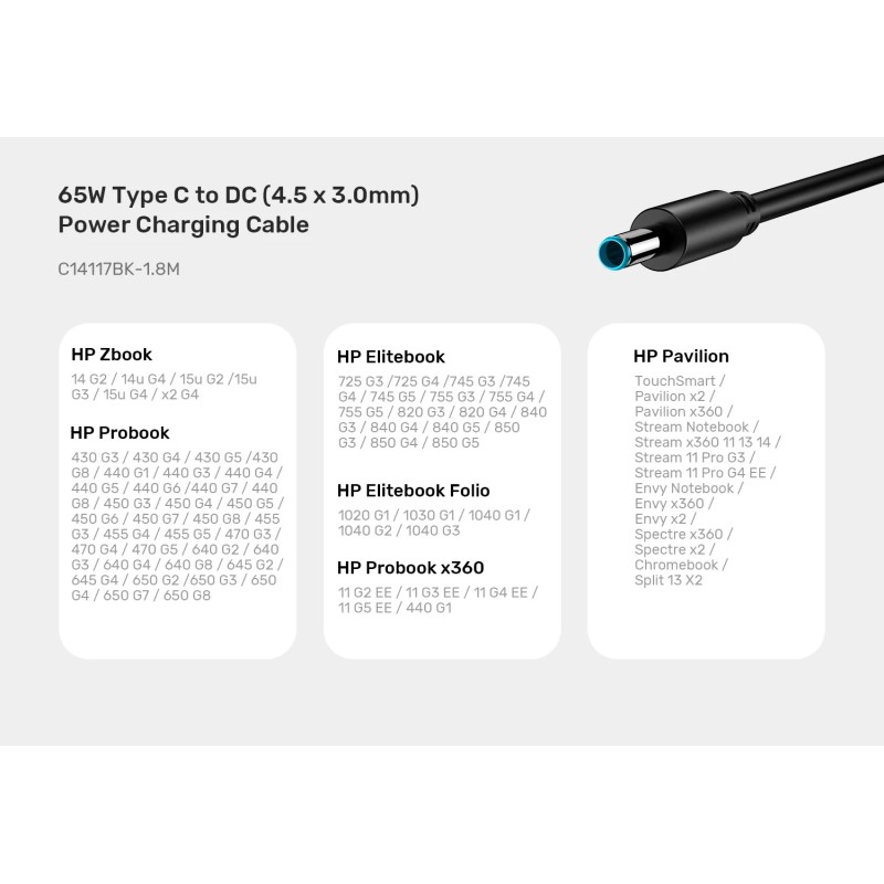 Unitek UCL USB-C to DC Cable 1.8m 65W for HP 4.5x3.0mm - C14117BK - 1.8m 65W for HP 4.5x3.0mm