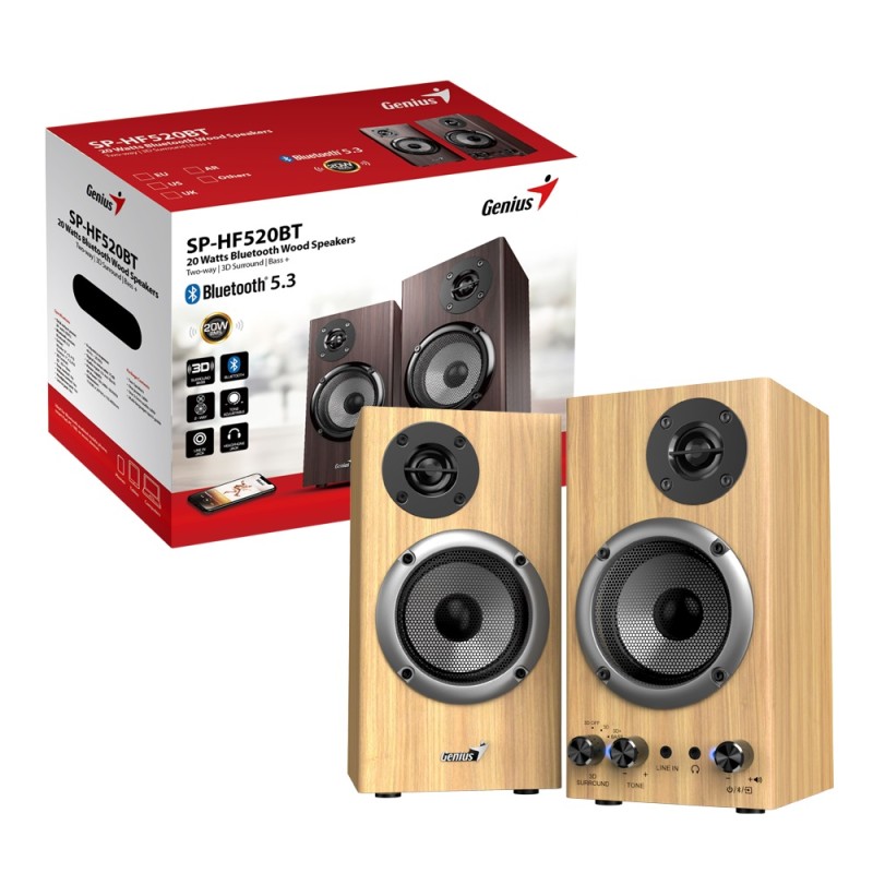 Genius 2.0 PC Speakers with BT 20W RMS Pine Wood - SP-HF520BT - 2.0 PC Speakers with BT 20W RMS Pine Wood
