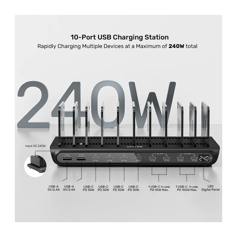 Unitek Charge Station 240W 10-Port 8xUSB-C + 2xUSB-A - P1230CBK01-UK - 240W 10-Port 8xUSB-C + 2xUSB-A