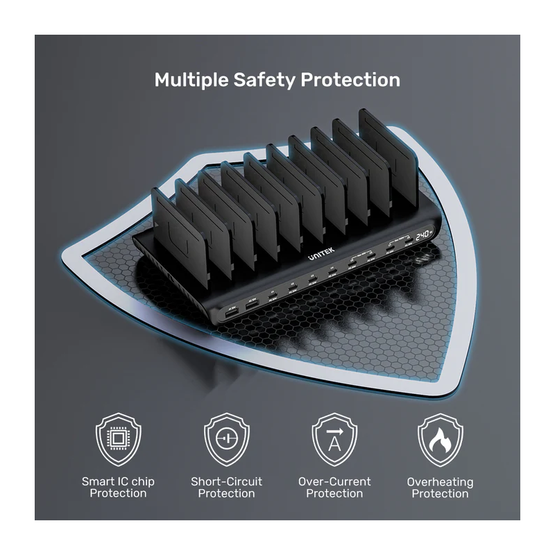 Unitek Charge Station 240W 10-Port 8xUSB-C + 2xUSB-A - P1230CBK01-UK - 240W 10-Port 8xUSB-C + 2xUSB-A