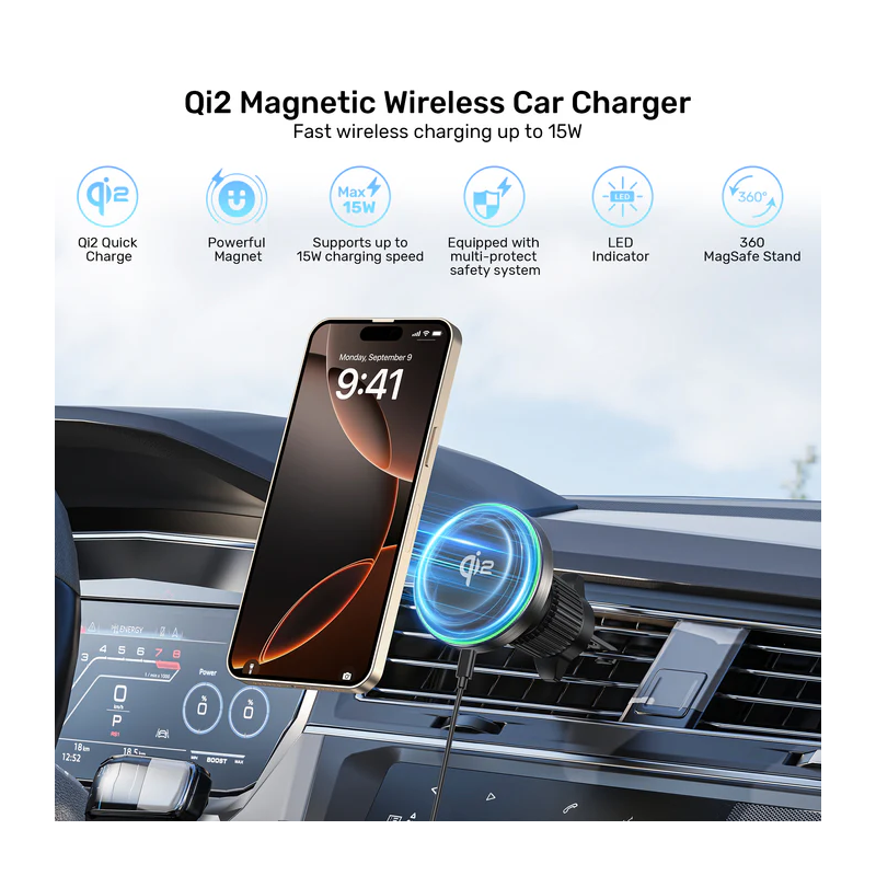 Unitek Charge Car Wireless Qi2 Magnetic 15W & AirVent Mount - P1404A - Charge Car Wireless Qi2 Magnetic 15W & AirVent Mount