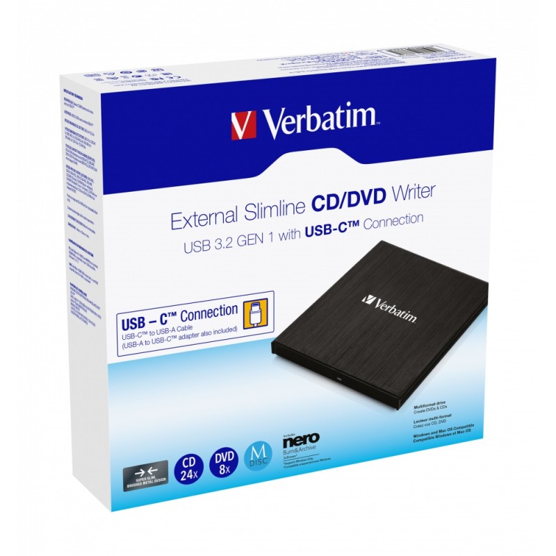 Verbatim External Slimline CD DVD Writer - USB 3.2 USB-C Black — Buy in Cyprus with Fast Delivery