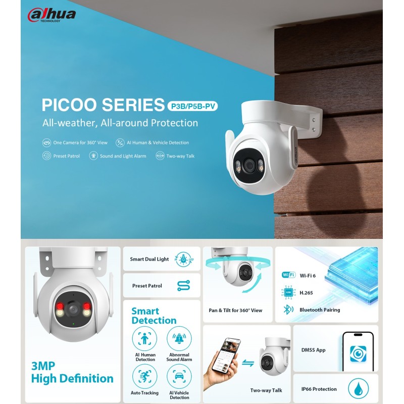 Dahua IP 3.0MP 3.6mm Wifi PT Dome Dual Illumination - P3B-PV - 3.0MP, 3.6mm, Wifi, PT Dome, Dual Illumination