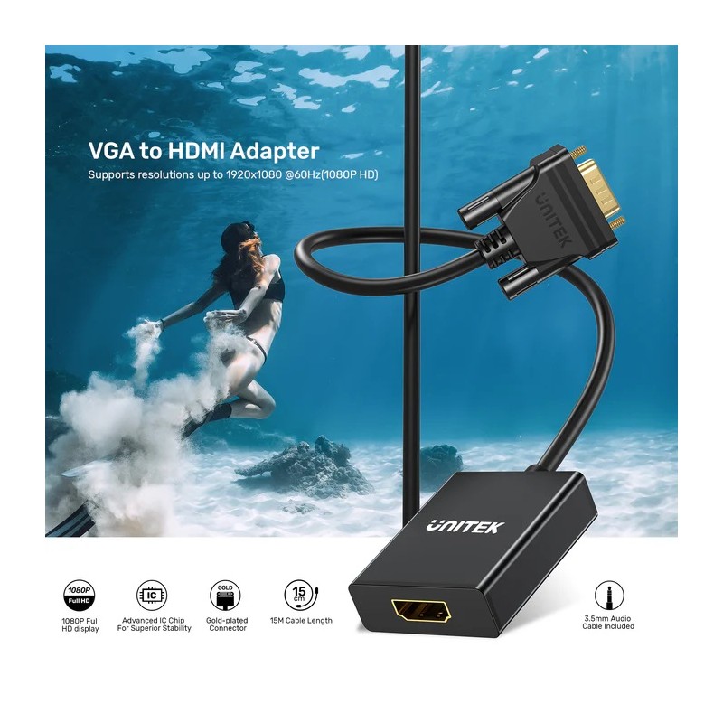 Unitek Converter VGA to HDMI Adapter - with Audio & Power Port — Buy in Cyprus with Fast Delivery