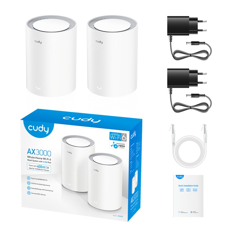Cudy Mesh AX3000 Dual Band 2.5GbE Wi-Fi 6 2-Pack - M3000 - AX3000, Dual Band, 2.5GbE, Wi-Fi 6, 2-Pack