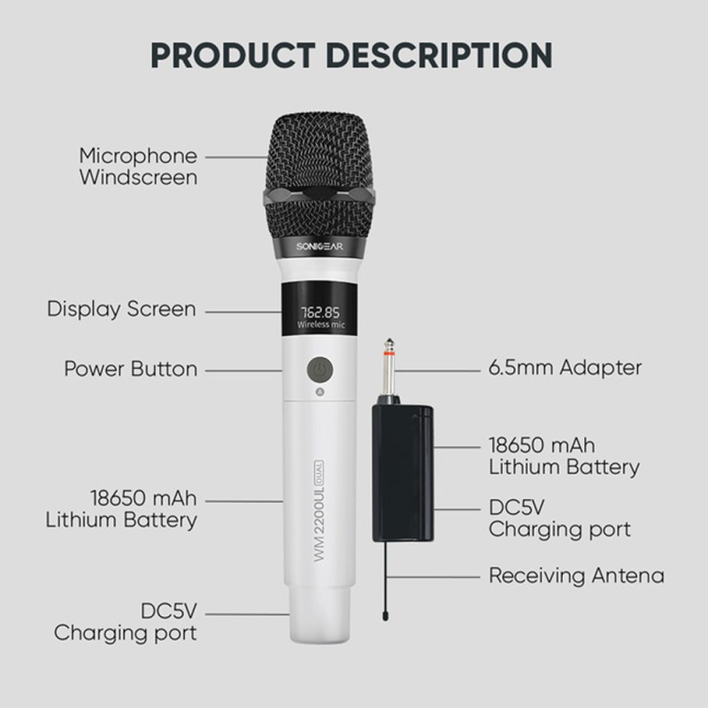SonicGear - WM2200UL - DUAL White 2 x Wireless 2.4GHz Rechargeable Microphone Handsets with LED Display