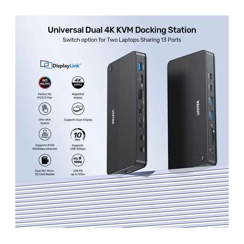 Unitek KVM Switch USB-C Dual 4K 60Hz HDMI & 100W PD (Displaylink) - D1103A - USB-C, Dual 4K 60Hz, HDMI & 100W PD, DisplayLink