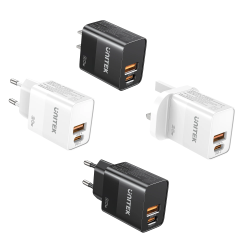 Unitek 20W Wall Charger USB-C PD & QC 3.0 UK Black - P1124ABK - 20W USB-C PD QC 3.0 UK Black