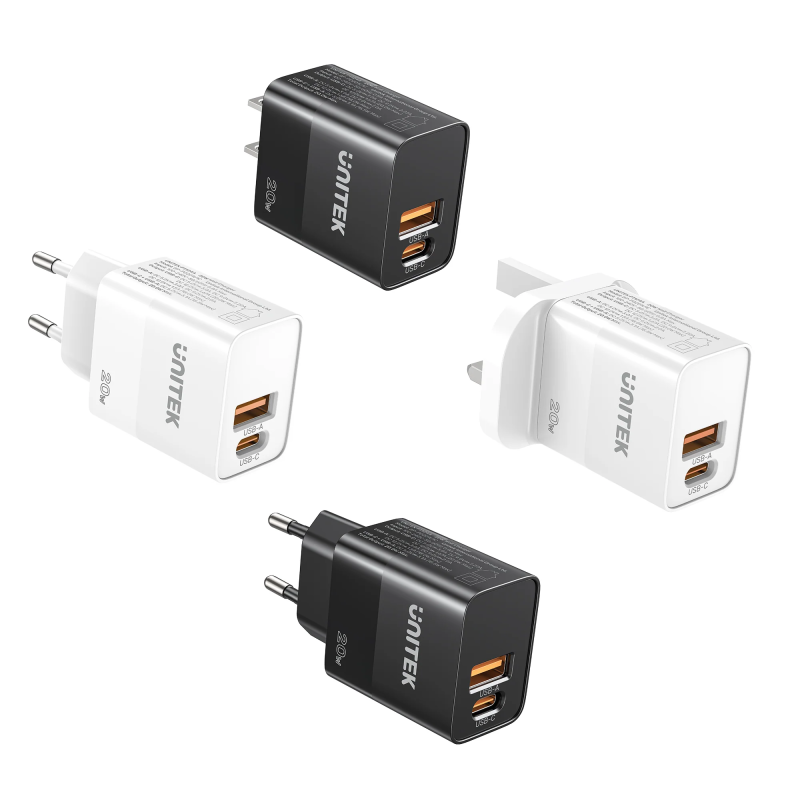 Unitek 20W Wall Charger USB-C PD & QC 3.0 UK Black - P1124ABK - 20W USB-C PD QC 3.0 UK Black