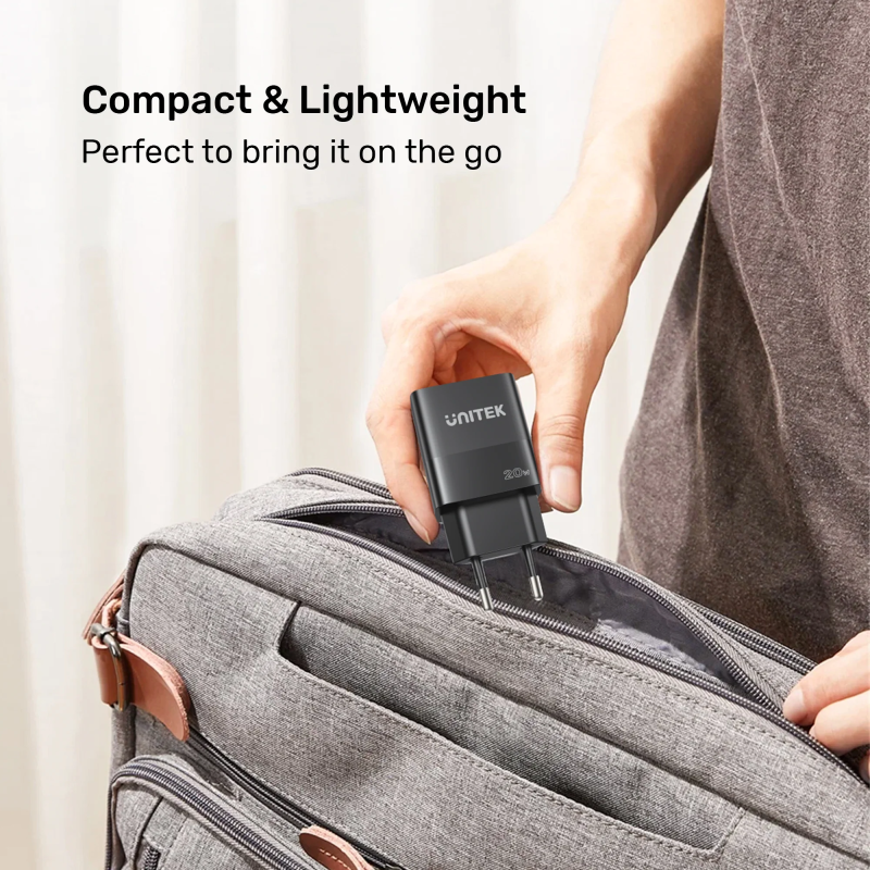 Unitek 20W Wall Charger USB-C PD & QC 3.0 UK Black - P1124ABK - 20W USB-C PD QC 3.0 UK Black