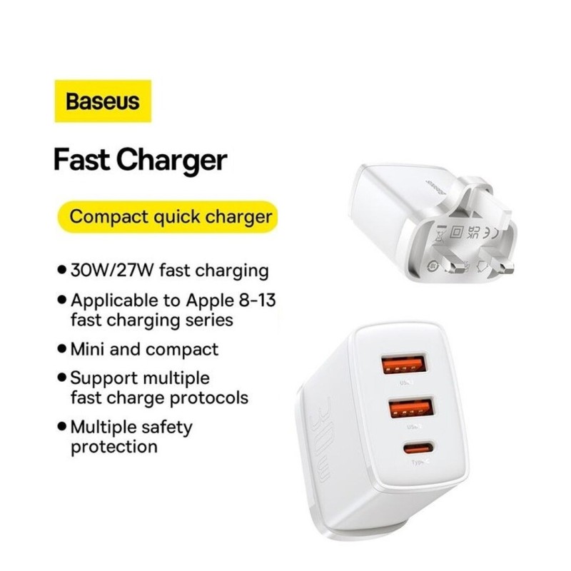 Baseus Wall Charger - 30W USB-C 2xUSB-A - UK White — Buy in Cyprus with Fast Delivery