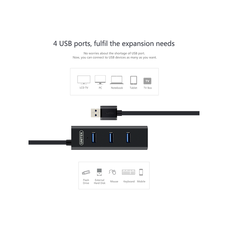 Unitek USB 3.0 Hub 4 ports with Micro USB Power Port - Y-3089 - USB 3.0 Hub 4 ports with Micro USB Power Port