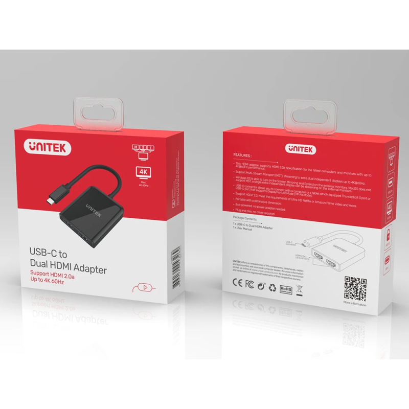 Unitek - V1408A - Type-C To Dual HDMI 4K 60Hz MST Adapter Black — Buy in Cyprus with Fast Delivery