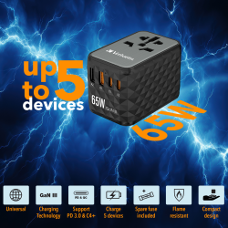 Verbatim Charger Travel Adapter World to World GAN III 65W 2xC 2xA - UTA-05 - 65W 2xC 2xA — Buy in Cyprus with Fast Delivery