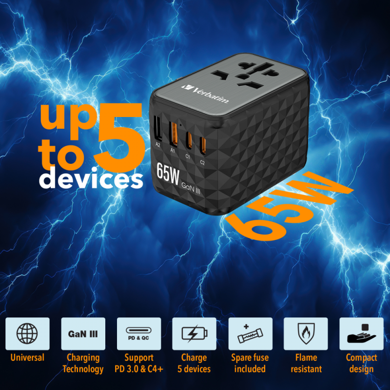 Verbatim Charger Travel Adapter World to World GAN III 65W 2xC 2xA - UTA-05 - 65W 2xC 2xA — Buy in Cyprus with Fast Delivery