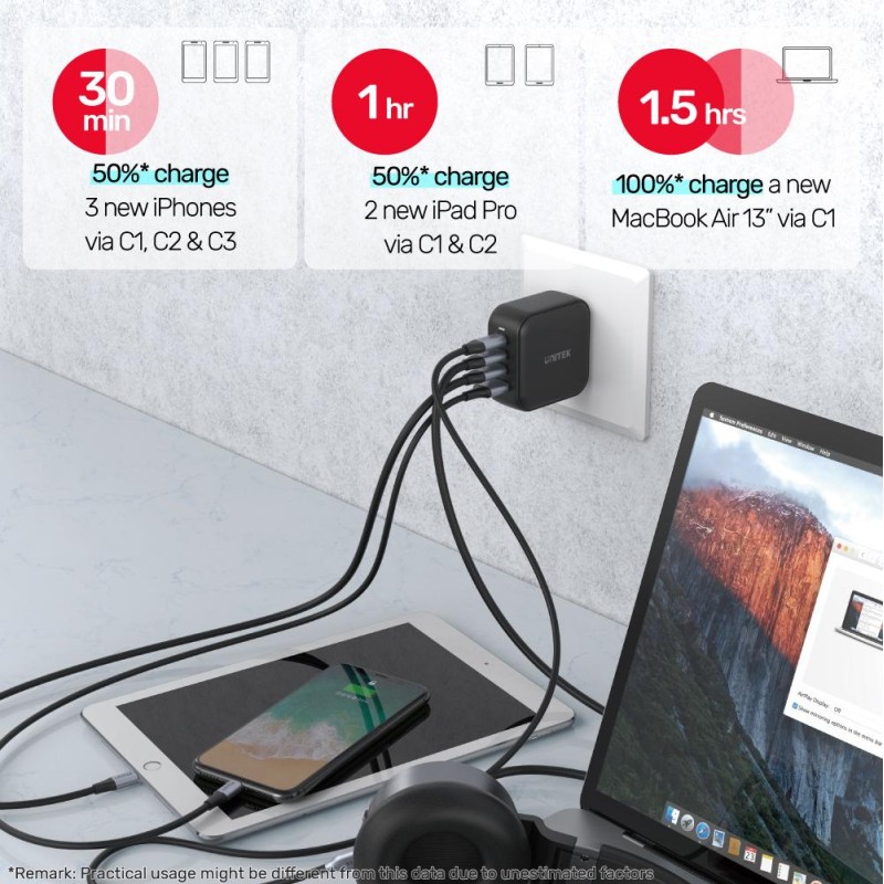 Unitek 100W 4in1 GaN Multiplug Charger Black - P1112ABK - 100W 4in1 GaN Multiplug Charger Black
