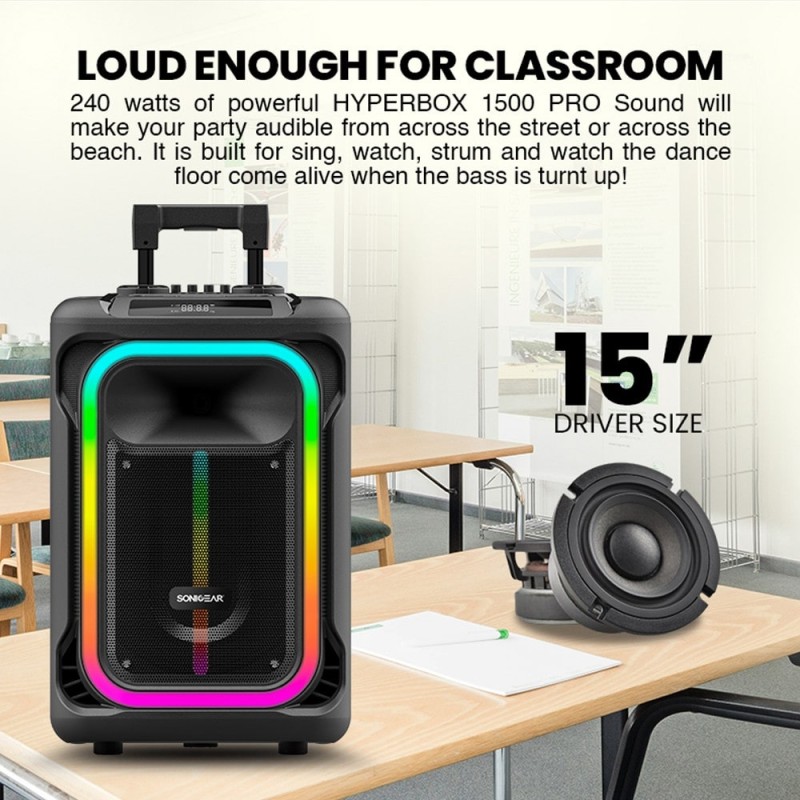 SonicGear HYPERBOX - 1500 Pro - 15'' Portable Karaoke Speaker 240W BT USB 2x Wireless Mics — Buy in Cyprus with Fast Delivery