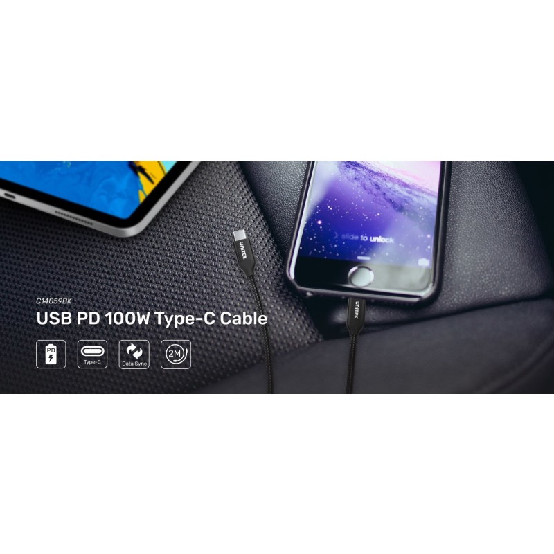 Unitek Braided Type-C to Type-C Cable PD 100W 2.0m - C14059BK - Braided Type-C to Type-C Cable PD 100W 2.0m