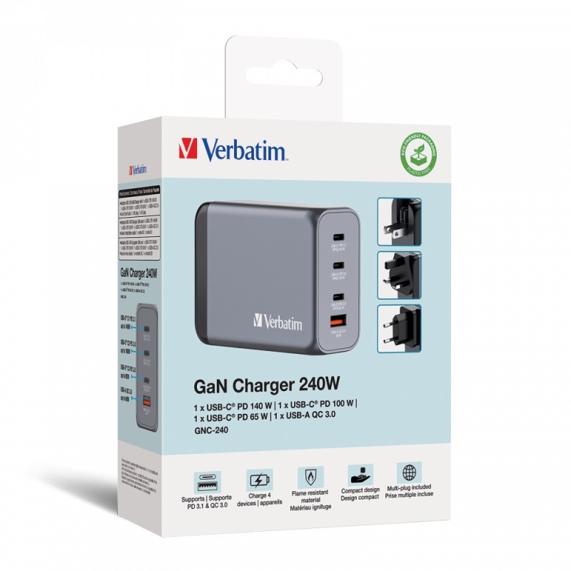 Verbatim GaN Charger - GNC-240 - 4 Port 240W USB A C (EU UK US) — Buy in Cyprus with Fast Delivery