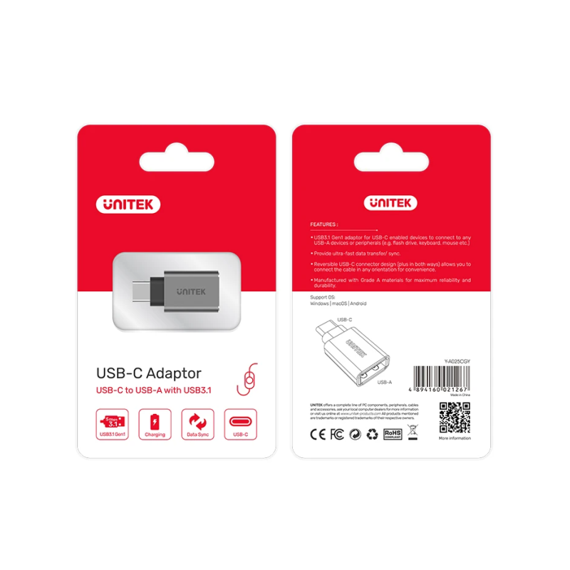Unitek USB-A Female to USB-C Male 5Gbps Adaptor Gray - Y-A025CGY - USB-A to USB-C Adaptor, 5Gbps, Gray