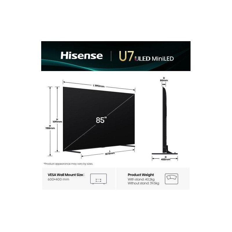 Hisense 85'' 4K Smart QLED MINI LED 144hz TV - 85U7Q - 85'' 4K Smart QLED MINI LED 144hz TV — Buy in Cyprus with Fast Delivery