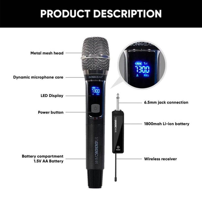 SonicGear Wireless Microphone - WM3000UL - 1xHandset Wireless UHF Microphone with Rechargeable Receiver