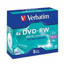 Verbatim DVD-RW 4.7GB 4X 5-Pack Jewel Case Matt Silver - 43285 - DVD-RW 4.7GB 4X 5-Pack Jewel Case Matt Silver
