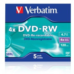 Verbatim DVD-RW 4.7GB 4X 5-Pack Jewel Case Matt Silver - 43285 - DVD-RW 4.7GB 4X 5-Pack Jewel Case Matt Silver