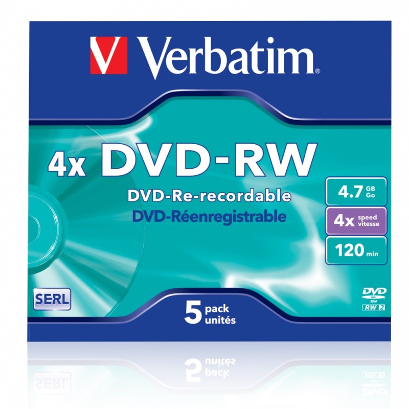 Verbatim DVD-RW 4.7GB 4X 5-Pack Jewel Case Matt Silver - 43285 - DVD-RW 4.7GB 4X 5-Pack Jewel Case Matt Silver
