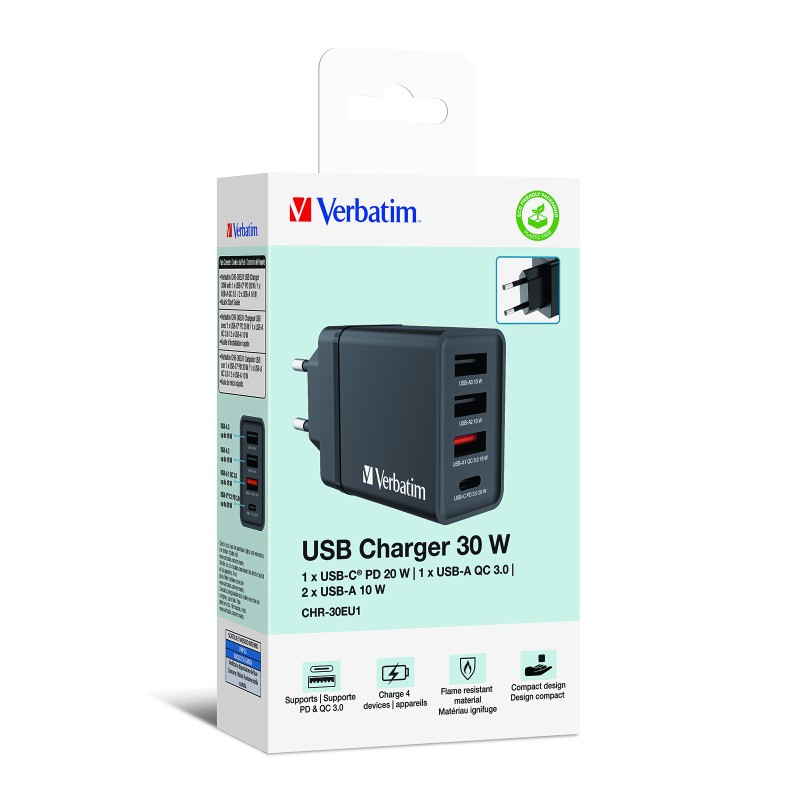 Verbatim Wall Charger - CHR-30EU1 - 30W EU Plug 1 x USBC20W 3 x USBA Black — Buy in Cyprus with Fast Delivery