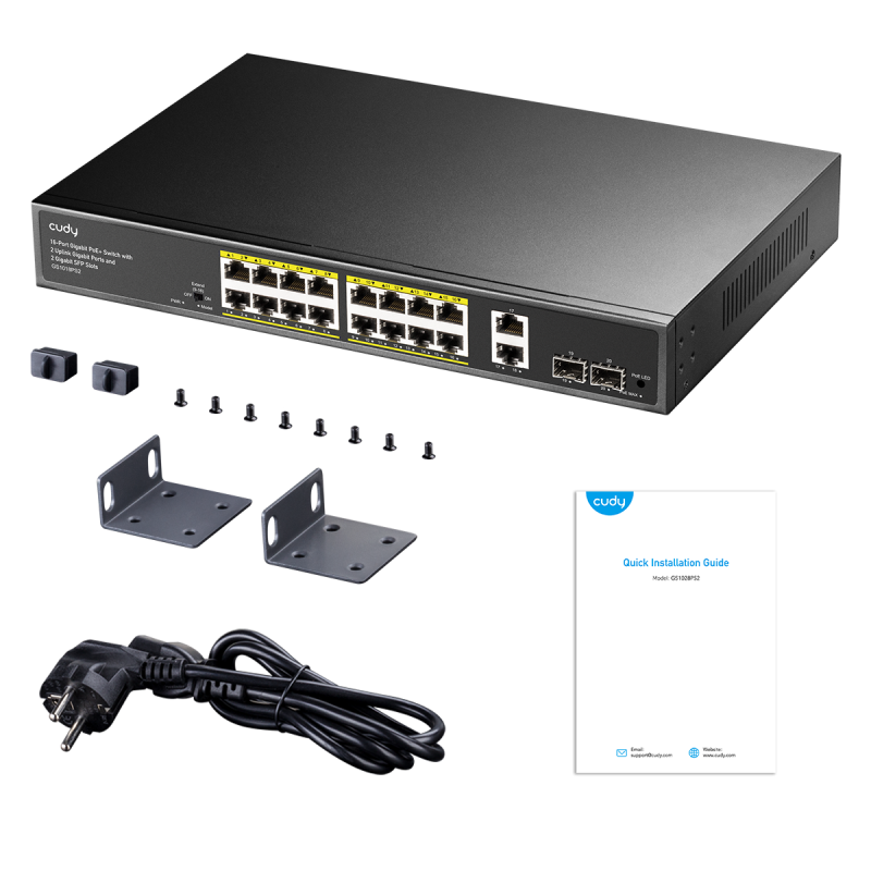 Cudy Switch PoE Gigabit 16PoE + 2GbE + 2SFP Uplink 200W - GS1018PS2 - 16PoE + 2GbE + 2SFP Uplink 200W