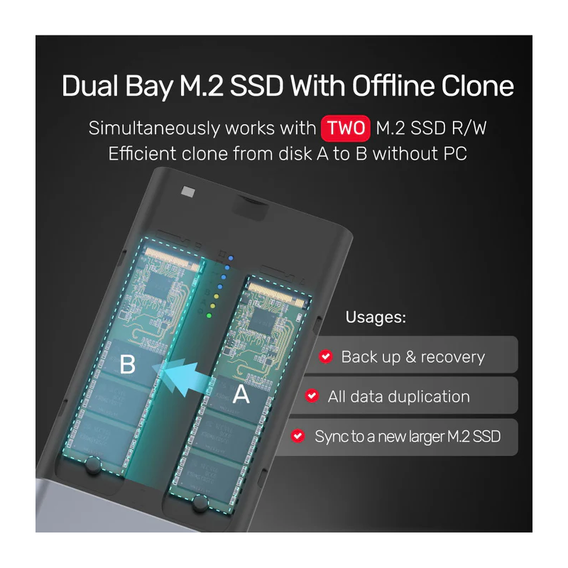 Unitek USB-C NVMe PCIe Enclosure 20Gbps Dual Offline Clone - S1206A - USB-C NVMe PCIe Enclosure 20Gbps Dual Offline Clone