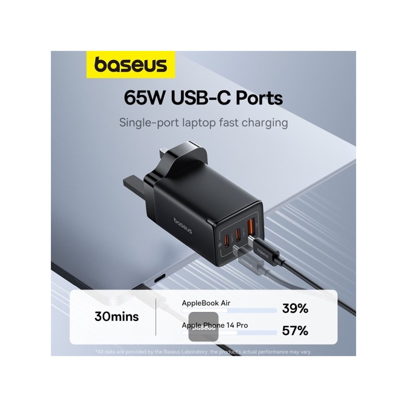 Baseus Charger Wall - 65W USB-Cx2 USB-A UK+100W USB-C Cable Black — Buy in Cyprus with Fast Delivery