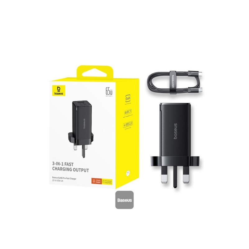Baseus Charger Wall - 65W USB-Cx2 USB-A UK+100W USB-C Cable Black — Buy in Cyprus with Fast Delivery