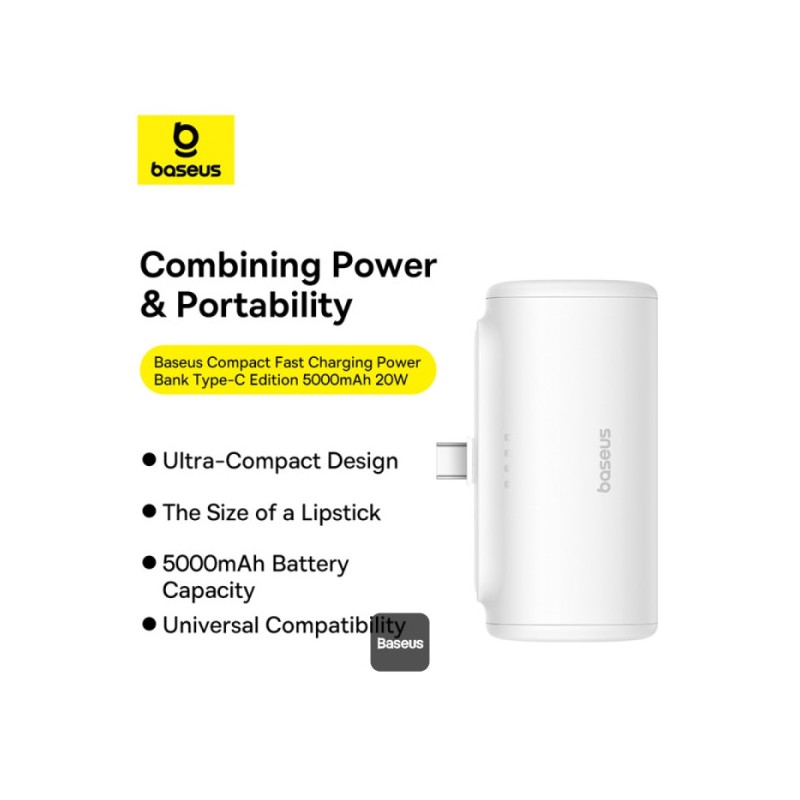 Baseus Powerbank - 20W 5000mAh Plug-In USB-C 20W White — Buy in Cyprus with Fast Delivery