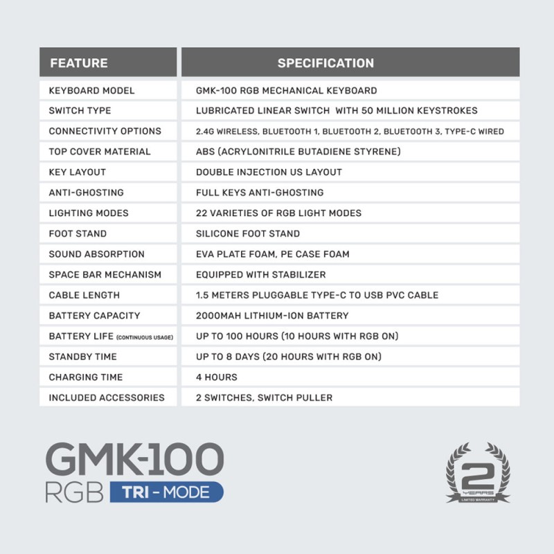 Armaggeddon Mechanical Gaming Keyboard - GMK-100 - Tri-Mode (2.4GHz+BT+USB-C) 63 Keys Linear (Red) Spring White