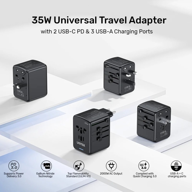 Unitek Universal Travel Wall Charger - P1121A - 35W 2xUSB-C + 3xUSB-A — Buy in Cyprus with Fast Delivery