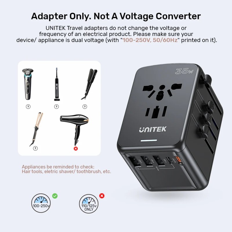 Unitek Universal Travel Wall Charger - P1121A - 35W 2xUSB-C + 3xUSB-A — Buy in Cyprus with Fast Delivery