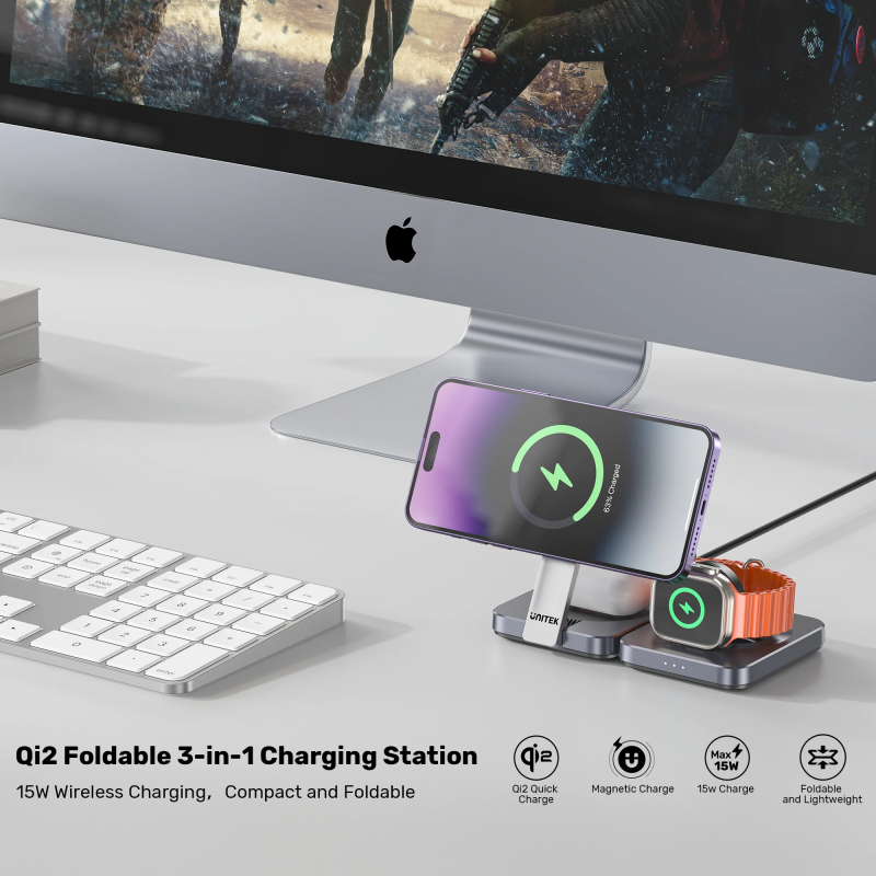 Unitek Charge Wireless Qi2 15W Foldable 3-in-1 Charging Station - P1300A - Wireless Qi2 15W Foldable 3-in-1