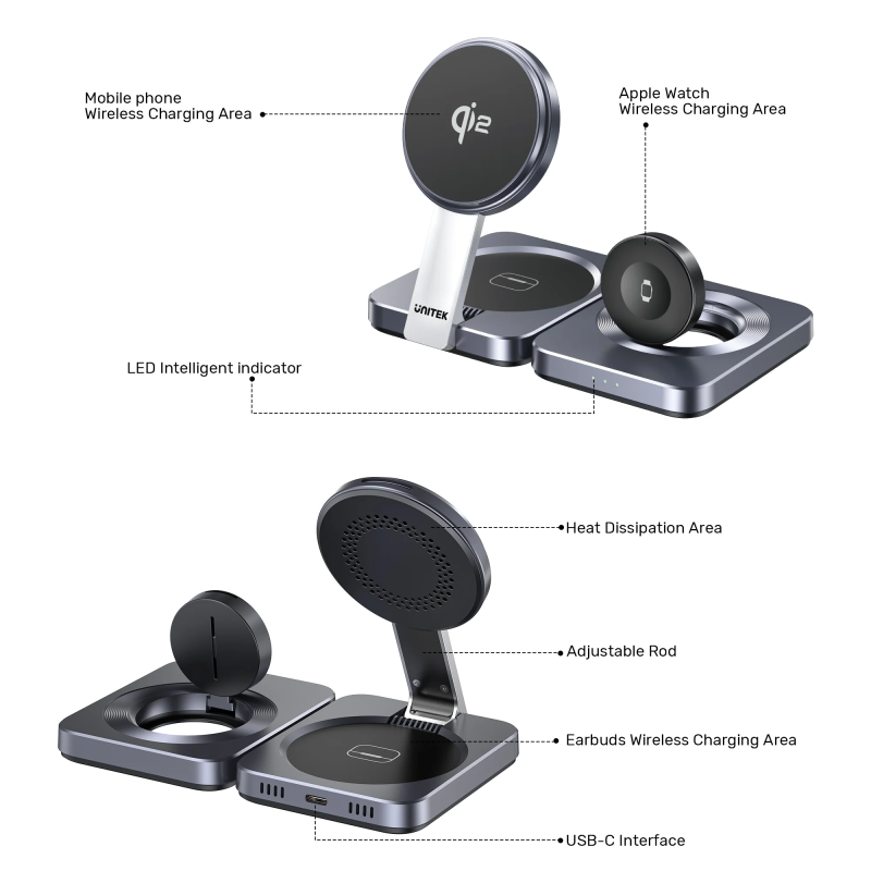 Unitek Charge Wireless Qi2 15W Foldable 3-in-1 Charging Station - P1300A - Wireless Qi2 15W Foldable 3-in-1