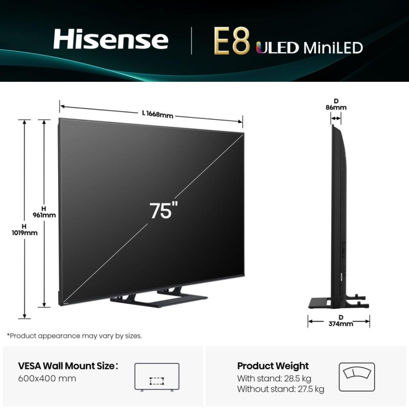 Hisense TV - 75E8Q - 75'' 4K Smart QLED MINI LED 144hz TV — Buy in Cyprus with Fast Delivery