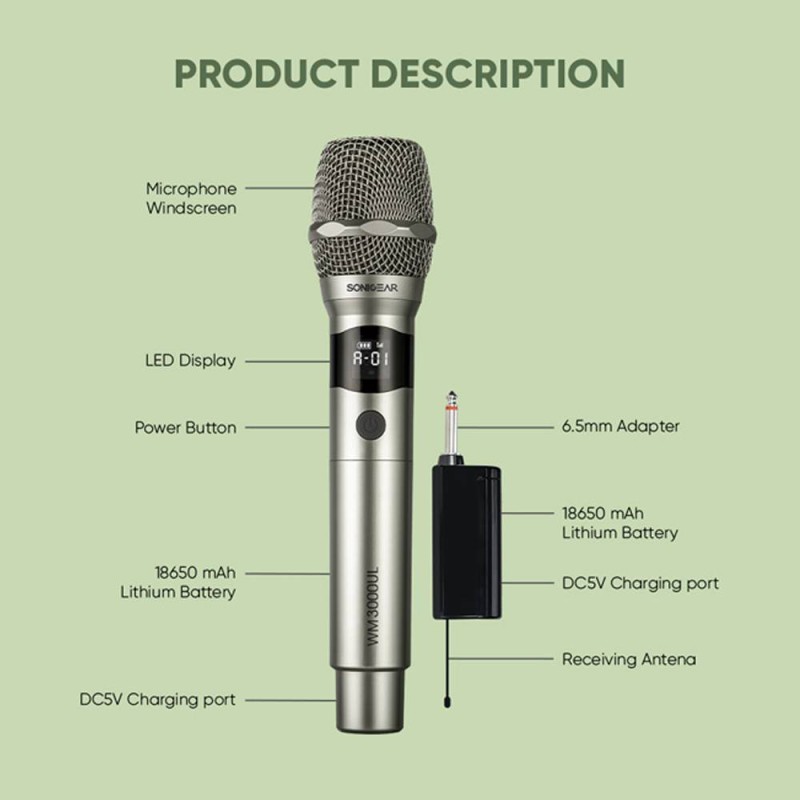 SonicGear Palladium - WM3000UL - 1x Handset Wireless UHF Microphone with Rechargeable Receiver