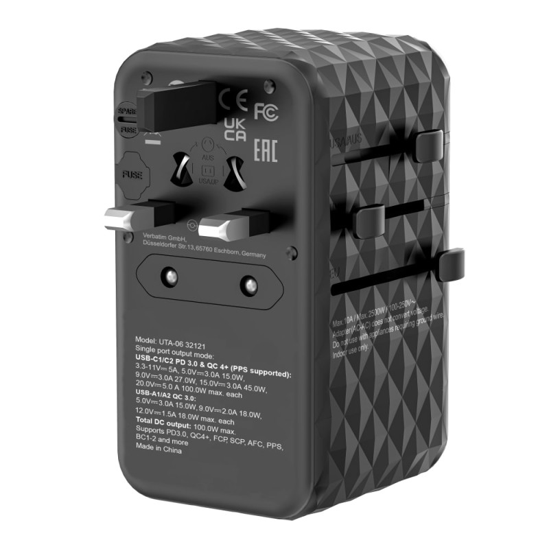 Verbatim Charger Travel Adapter World to World GAN III 100W 2xC 2xA UTA-06 — Buy in Cyprus with Fast Delivery