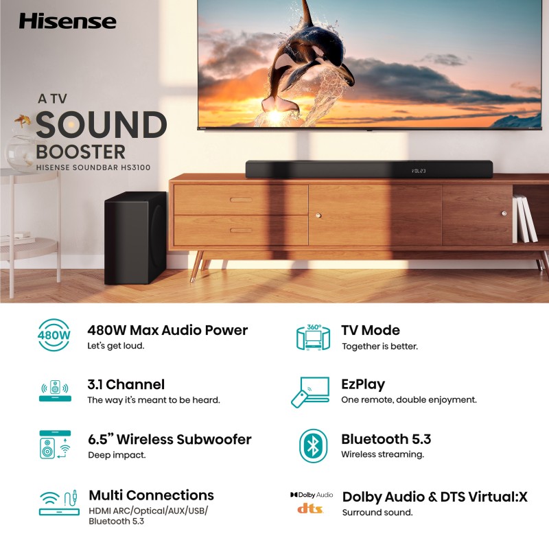 Hisense Soundbar - HS3100 - 3.1 CH 480W BT USB Optical — Buy in Cyprus with Fast Delivery