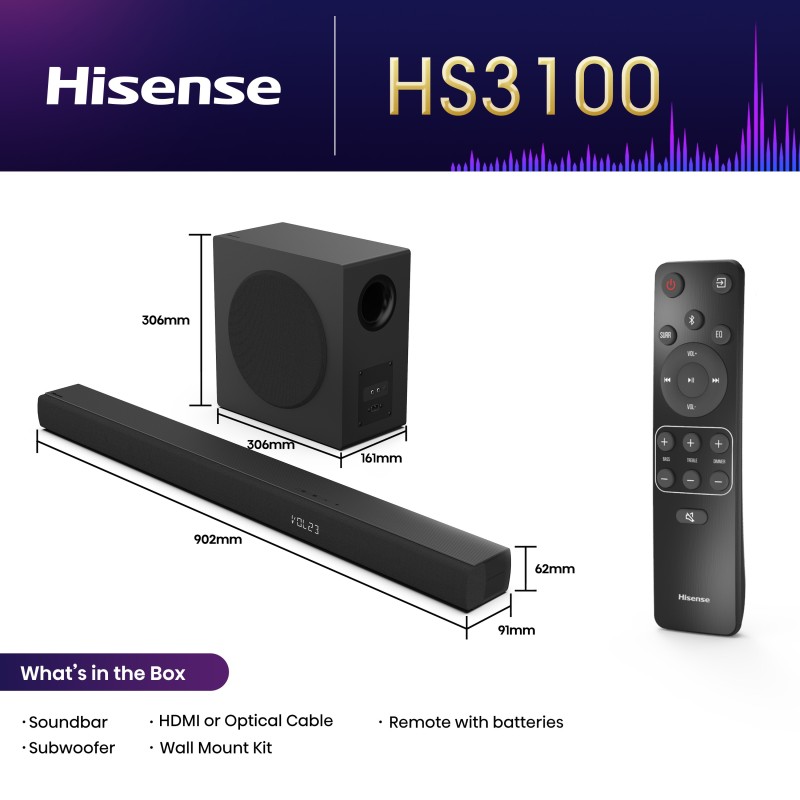 Hisense Soundbar - HS3100 - 3.1 CH 480W BT USB Optical — Buy in Cyprus with Fast Delivery