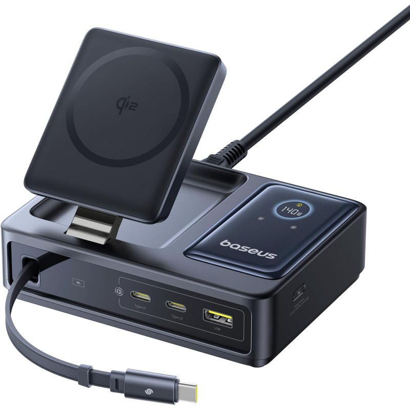 Baseus NOMOS - 5in1 Desktop 140W Wired & Wireless Charger Qi2 3xUSBC+1A with LED Display UK Plug