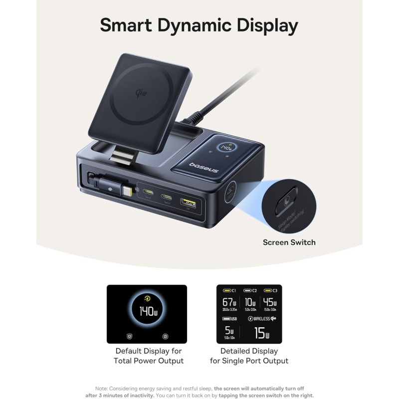 Baseus NOMOS - 5in1 Desktop 140W Wired & Wireless Charger Qi2 3xUSBC+1A with LED Display UK Plug