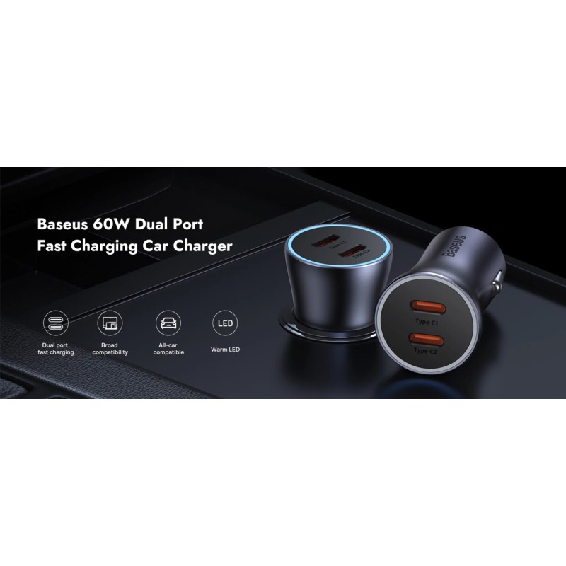Baseus Golden Contactor Max Car Charger - C+C 60W Dark Gray — Buy in Cyprus with Fast Delivery