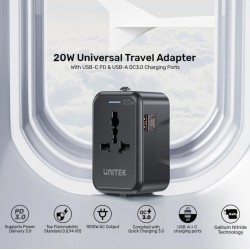 Unitek Universal Travel Charger - P1120A - 20W USBC+USBA Black — Buy in Cyprus with Fast Delivery