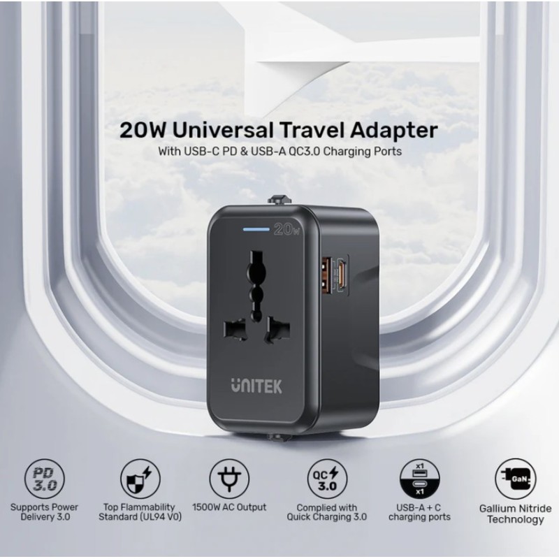 Unitek Universal Travel Charger - P1120A - 20W USBC+USBA Black — Buy in Cyprus with Fast Delivery
